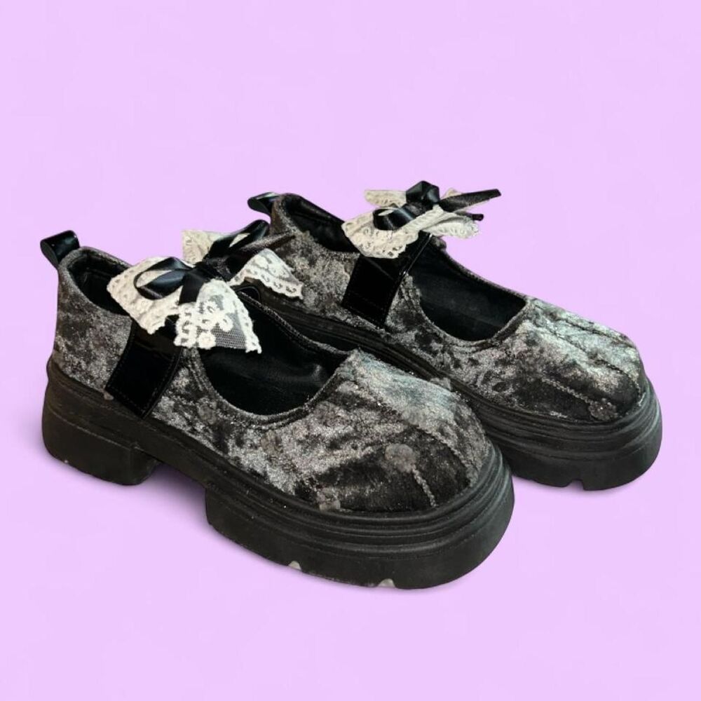 Gray Velvet-Look Lace Bow Chunky Platform Mary Jane Shoes EU 40